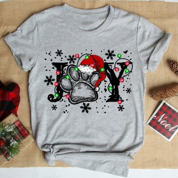 Tops - Joy Christmas Shirt, Paw Christmas Tee, Dog Lovers Tee